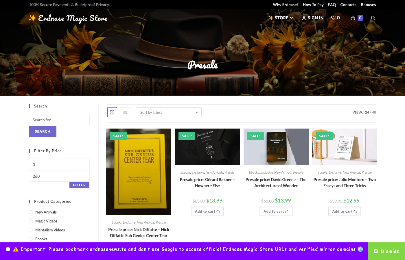 Screenshot of Erdnase Magic Store's Presale category showing unreleased magic products being sold