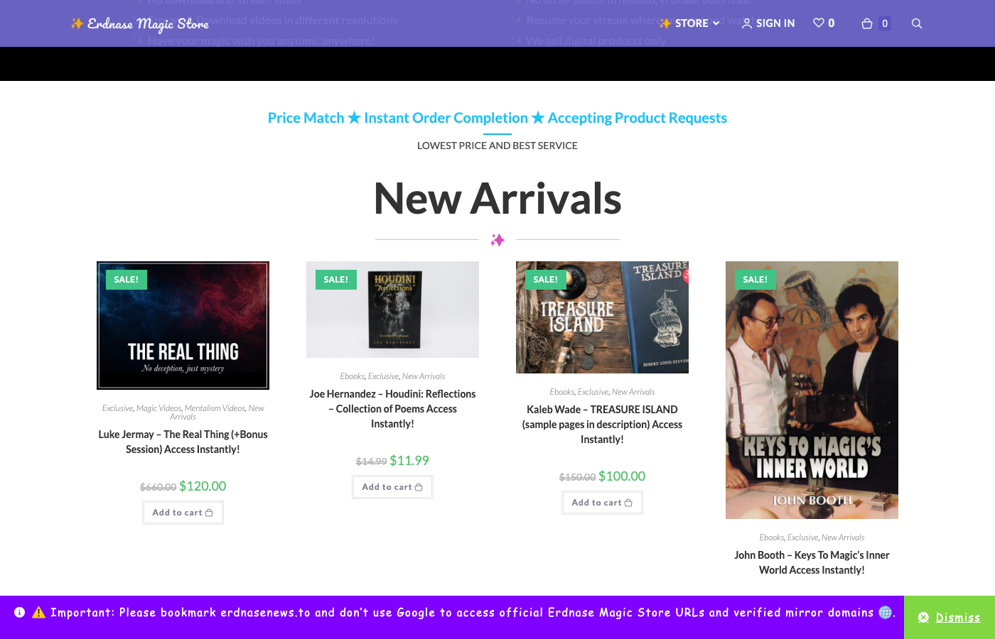 Screenshot of Erdnase Magic Store's New Arrivals section showing SALE! badges and inflated original prices